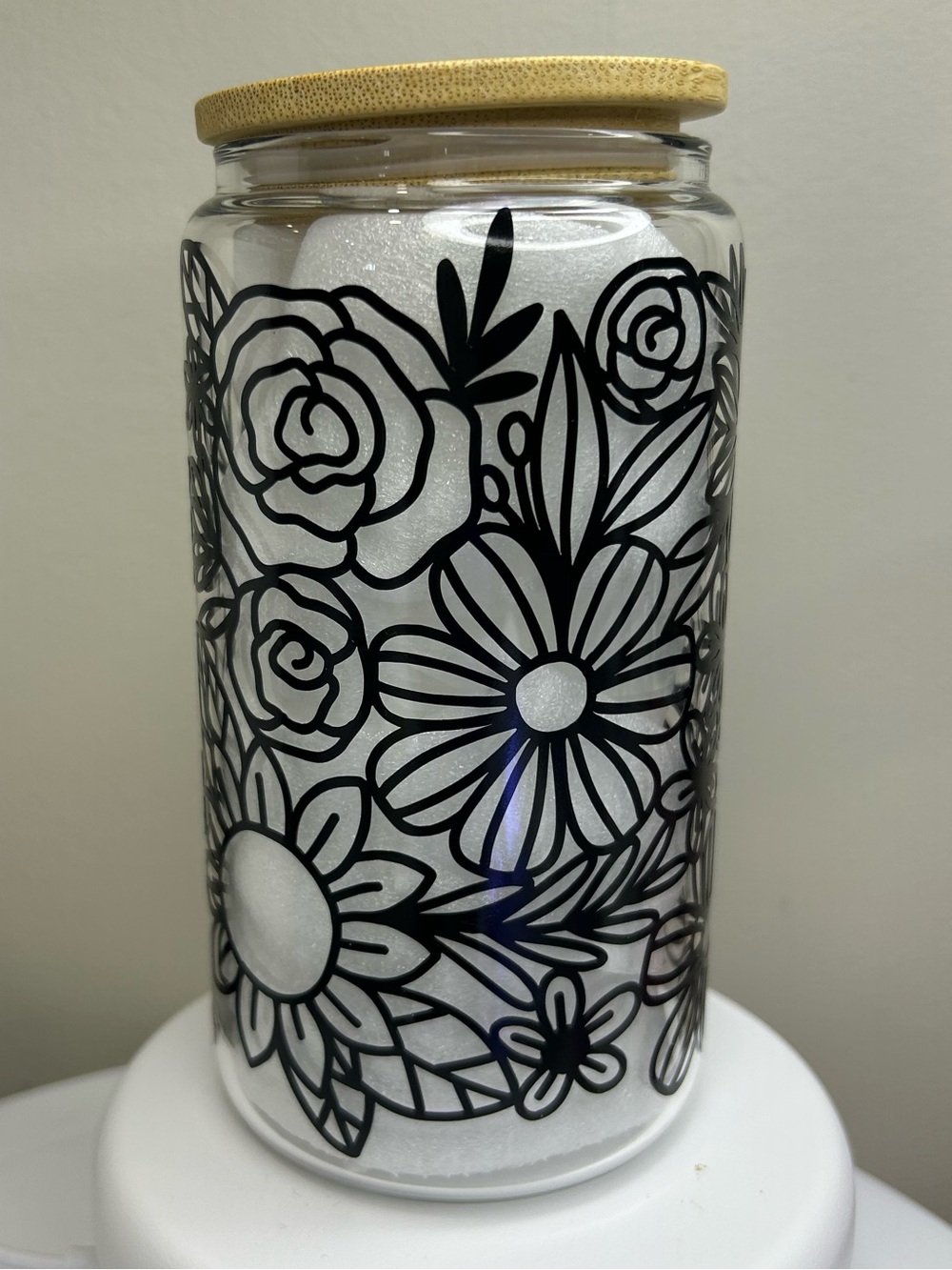 16oz Floral Glass Tumbler with Bamboo Lid and Glass Straw - Black Floral Design